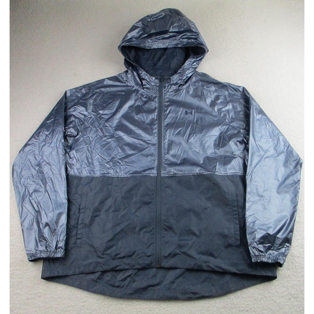 Under Armour Jacket Mens Large Blue Gray Hooded Windbreaker Full Zip Lightweight